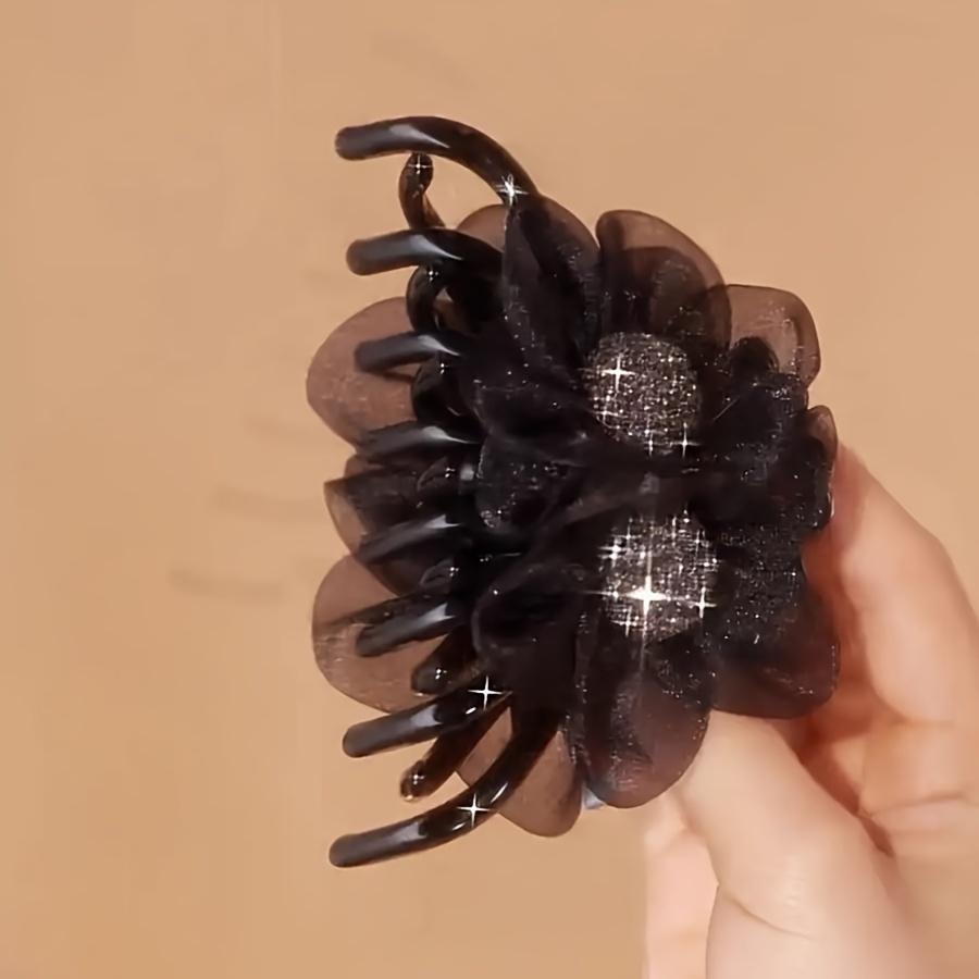 

Elegant Black Acetate Hair Claw Clip | Floral Design with Sparkling Rhinestones | Secure Grip for Ponytails & Updos | Ideal for Weddings and Proms | W