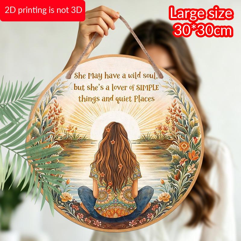 2D Flat, 1pc Round Aluminum Sign | Bohemian Women And Nature Vintage Plaque With Inspirational Quote "She May Have A Wild Soul, But She Loves Easy
