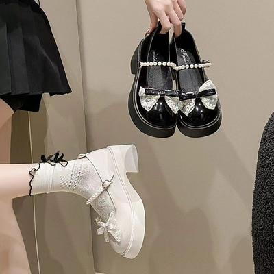 Fashion French Mary Jane Shoes for Girls Spring and Autumn New White Pearl Bow Girl Single Shoes Thick Heel Fairy Style Loafers Shoes