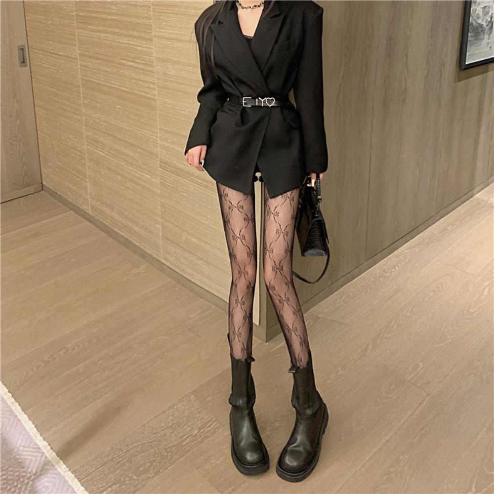 Spring and Summer Thin White Stockings Pantyhose Female Sexy Jacquard Black Stockings Bow Hollow Fishnet Socks