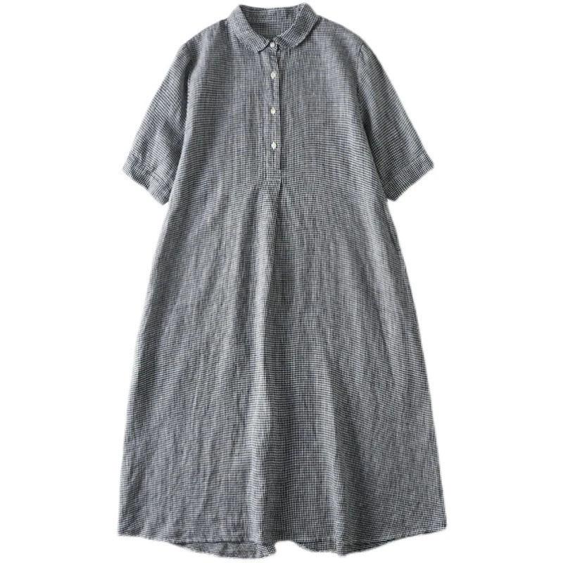 Plaid Dress Women Vintage Half Sleeve Hemp Shirt Dresses Large Size Loose Long Skirt