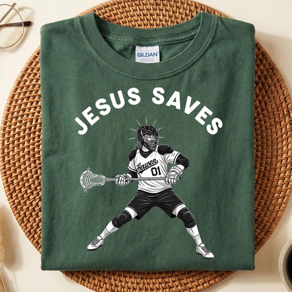 Jesus Saves Lacrosse Goalie T-Shirt, Christian Sports Shirt, Faith Based Athlete Gift, Lacrosse Player Gift, Game Day Lacrosse Shirt