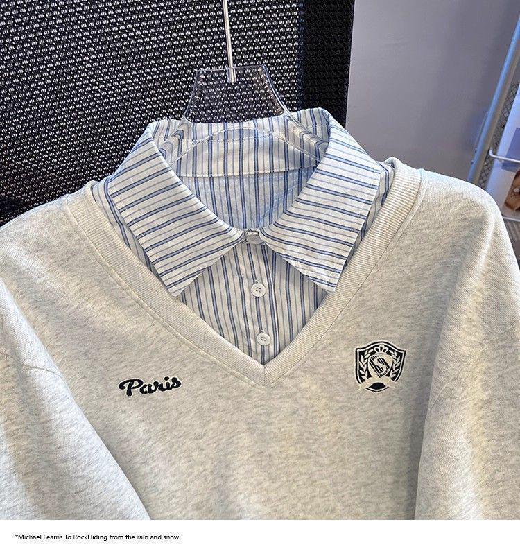 Plus Size Two-Piece Patchwork Polo Neck Sweatshirt - Women's Loose Slimming College Style for Spring & Autumn