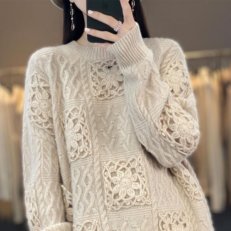 Women's 100% Pure Wool Crochet Loose Round-Neck Sweater - Heavy-Duty Trendy Base Layer
