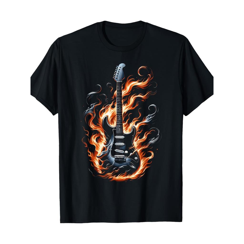 Flaming Electric Guitar Graphic Unisex's T-Shirt Breathable Cotton Round Neck Casual Tee