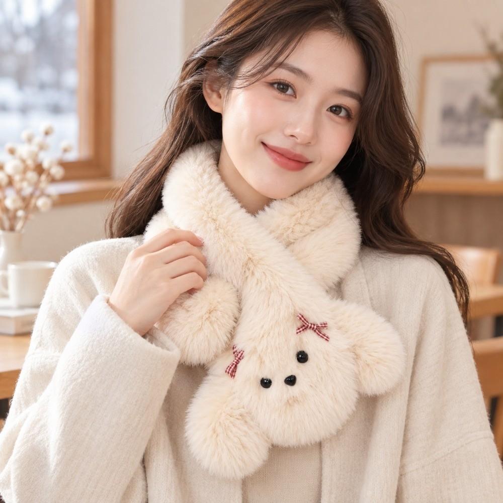 Thick Warm Cartoon Dog Scarf Bow Decor Neck Wrap Cute Winter Scarf Women