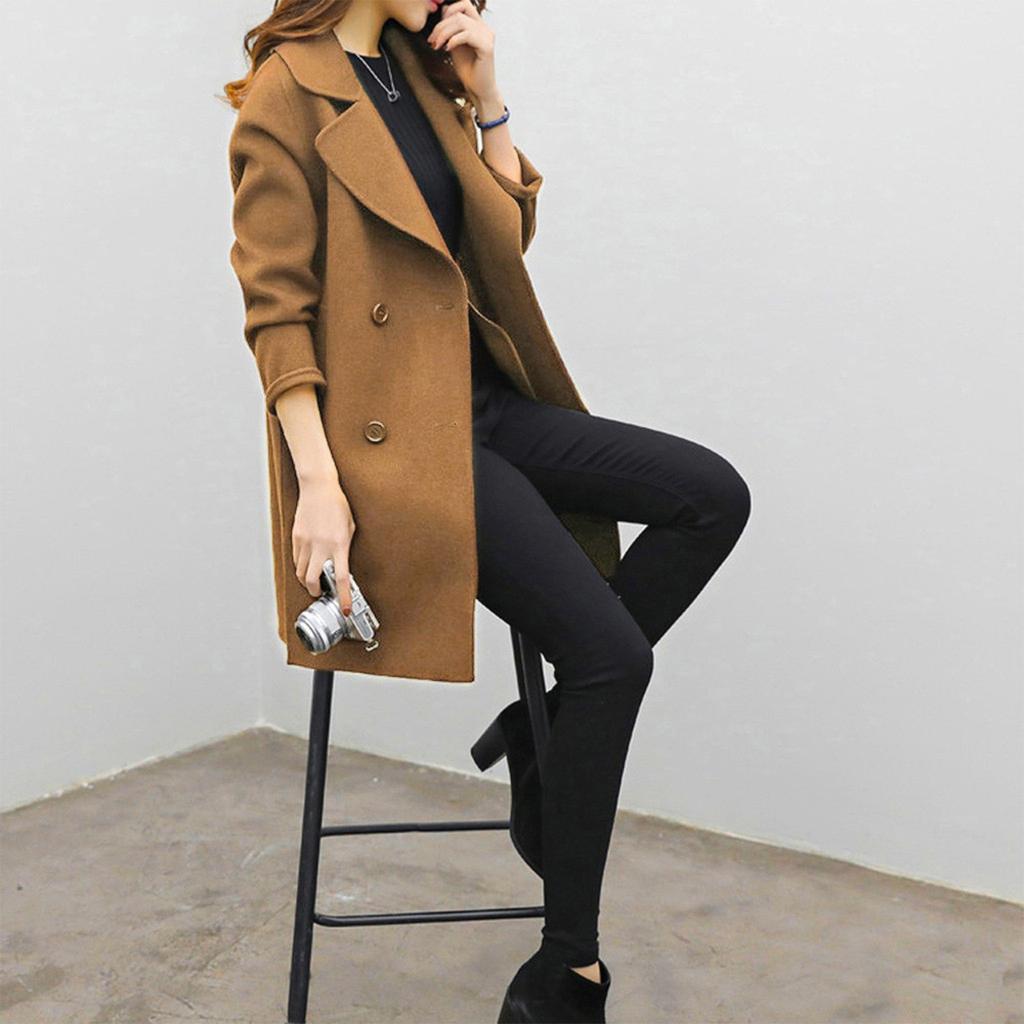 Women's Long-length Autumn Coat, Double-breasted, Long Sleeves, Solid Color