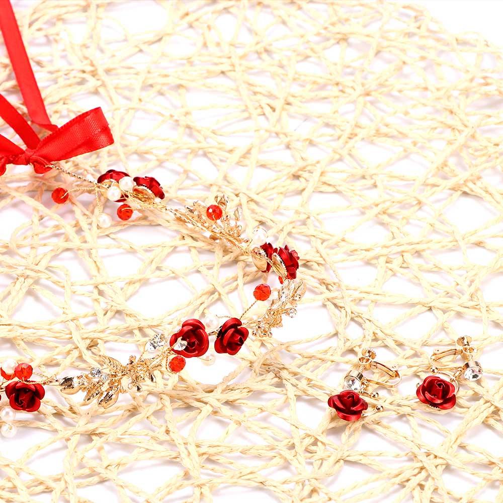 Rose Flower Crown Bridesmaid Headband With Ribbon Bride Hairband Earring Set Red Crystal Pearl