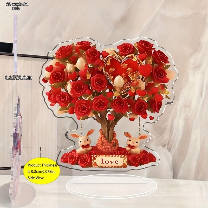 Bohemian-Style Crystal Heart-Shaped Rose Tree with Red Roses & Golden Hearts - "Love" Inscription, No Batteries Needed, Romantic Home Decor for Vale