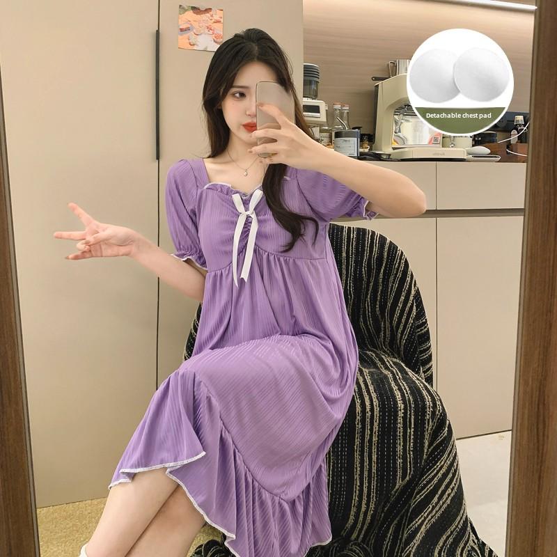 Damen Kurzarm Nachthemden mit Brustpolstern Weiblich Sommer einfarbig Homewear junges Mädchen süßes Nachtkleid lässig locker Loungewear