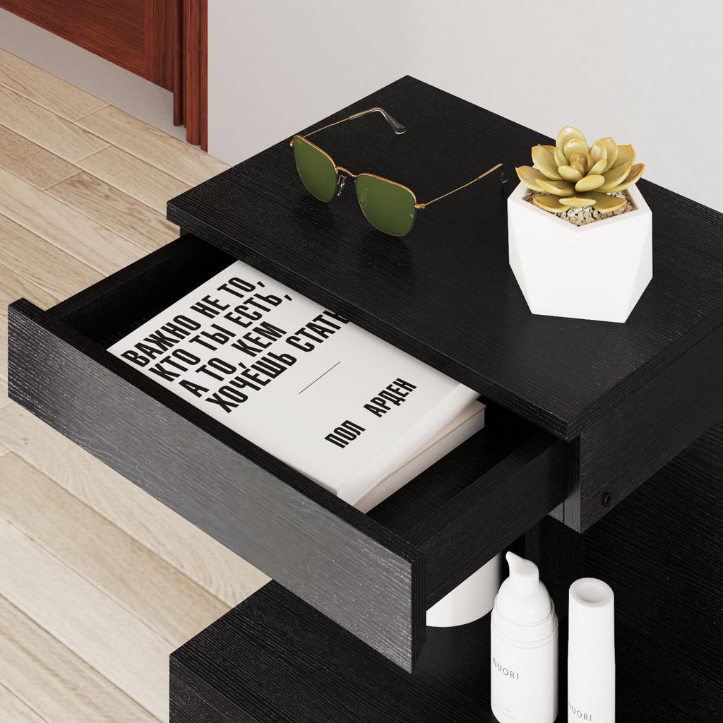 Nightstand, Side Table with Drawer and Storage Compartment, Modern Sofa Table with Shelf for Various Rooms, Black