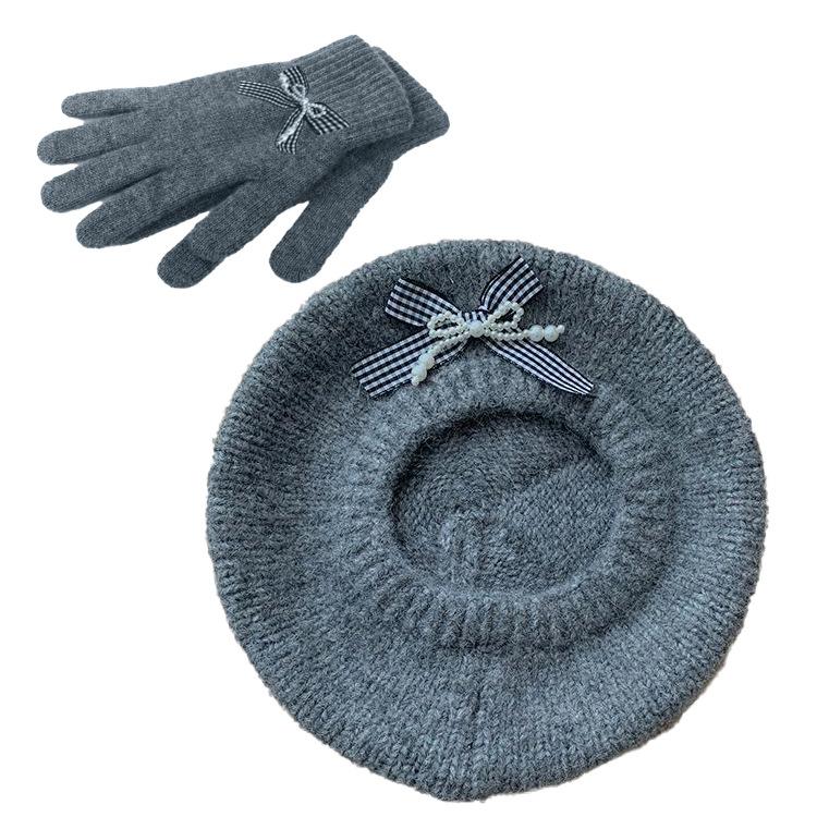 New Sweet Bow Knitted Beret Warm Versatile Big Head Circumference Showing Face Small Painter Hat