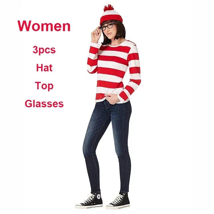 Waar is Wally Streepjeshemd Jongens Wally Kostuumhemd Bril en Hoed Sokken Unisex Volwassenen Carnaval Cosplay Kostuum XXXL