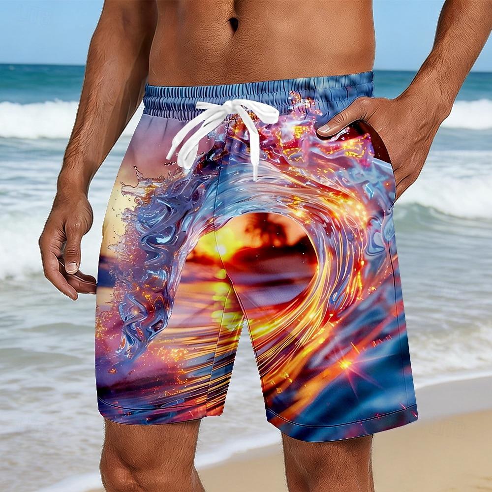 Men's Seawater Ocean Waves Swim Trunks Bathing Suits Swim Shorts Board Shorts Mid Waist Hawaiian Beach Vacation