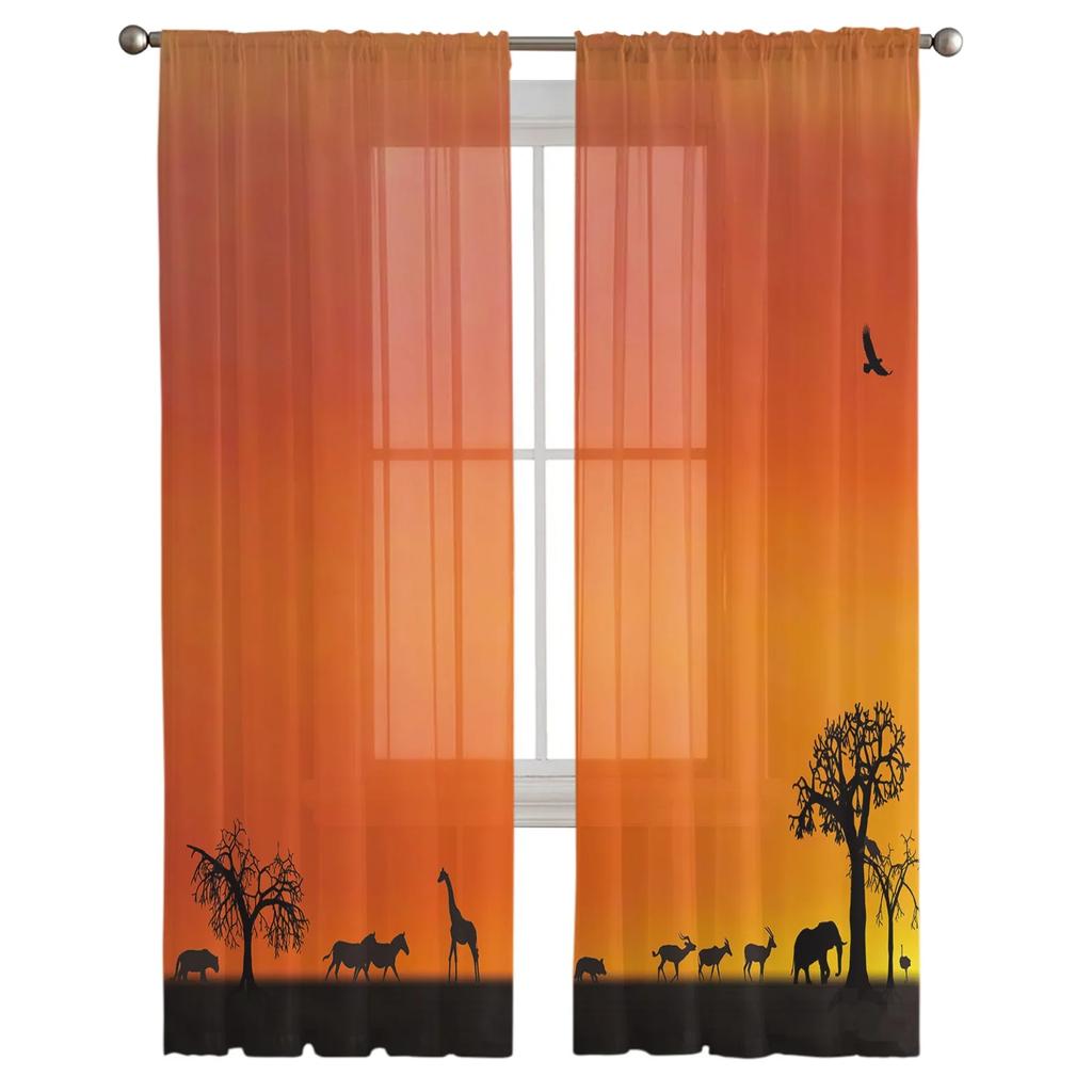Africa Animal Giraffe Elephant Animal Silhouette Tulle Sheer Curtains Living Room Bedroom Window Curtain Voile Organza Drapes