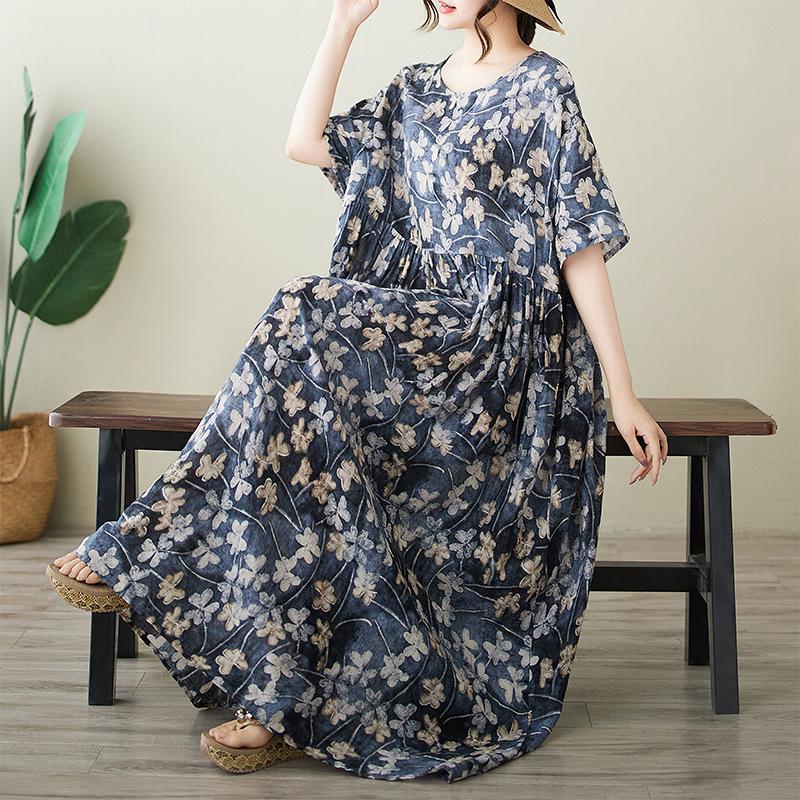 New Plus Size Summer Fashion Printed Short Sleeve Long Dress Plus Size