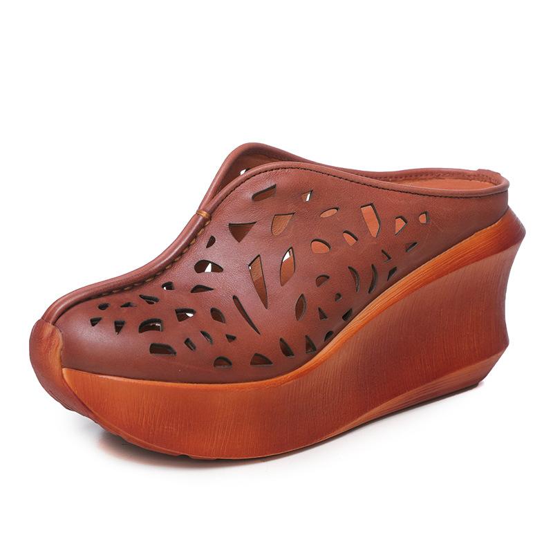 Fashion GKTINOO Women Leather Mules 9 CM High Heels Wedge Slippers Women Handmade Platform Genuine Leather Slippers Coffee Shoes 2024