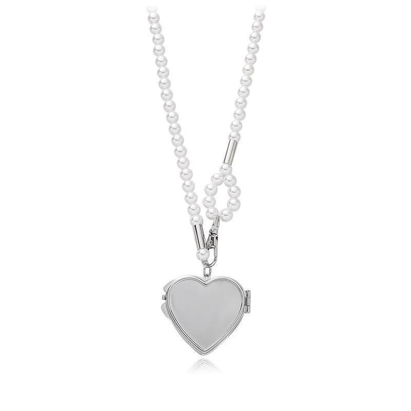 1pc Personality Long Necklace with Big Mirror Heart Pendant Women Pearl Shoudler Chain Jewelry Fashion