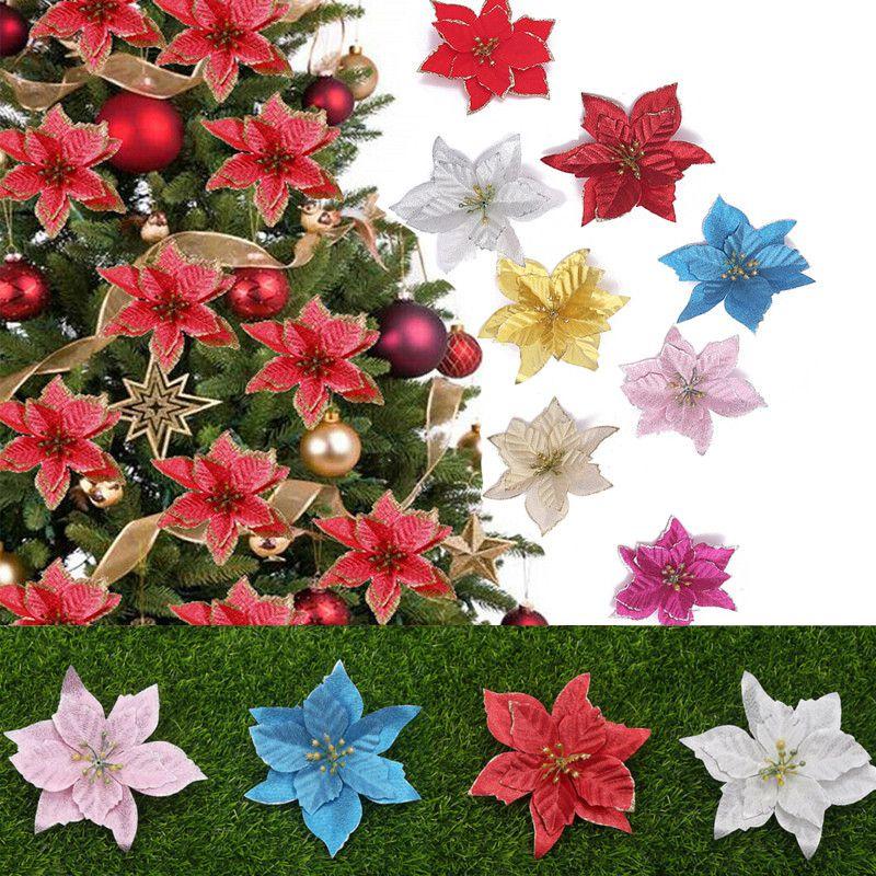 Vibrant 10x Christmas Large Poinsettia Glitter Flower Decorations For Holiday Cheer