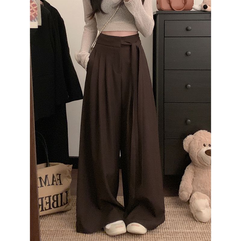 Kumikumi Stylish Blue High Waist with Straps Casual Pants Women Fall Easiest for Match Loose Drooping Wide-Leg Pants Pants
