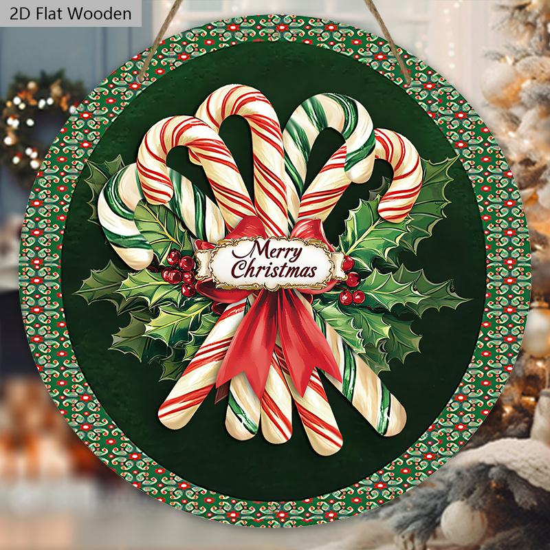 Classic Christmas Wooden Sign with Candy Canes Pattern - Navidad Round Sign for Front Door, Wall Hanging Decor - Ideal Christmas Gift