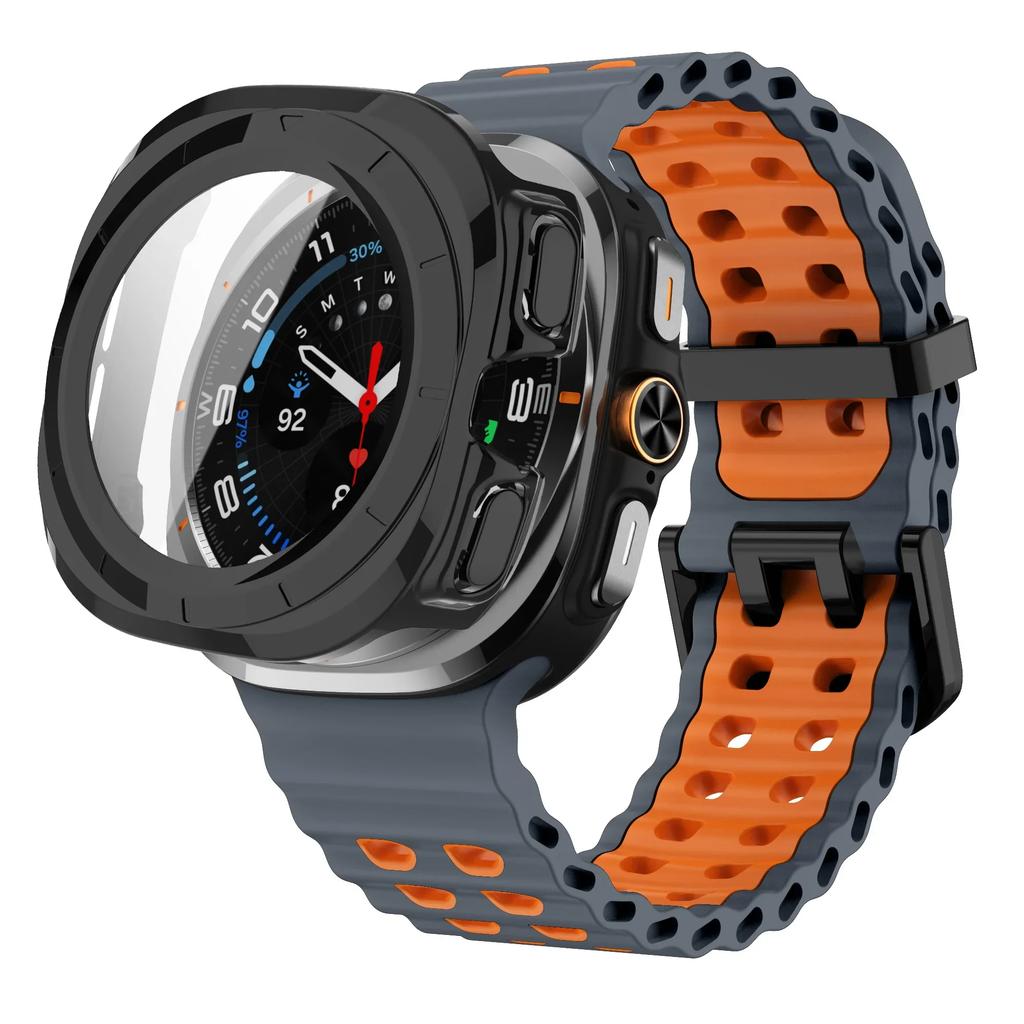 Gehärtetes Glas Case+Armband Für Samsung Galaxy Watch 7 ultra 47mm Zweifarbiges Sport-Silikonarmband Galaxy Watch Ultra7 Hülle