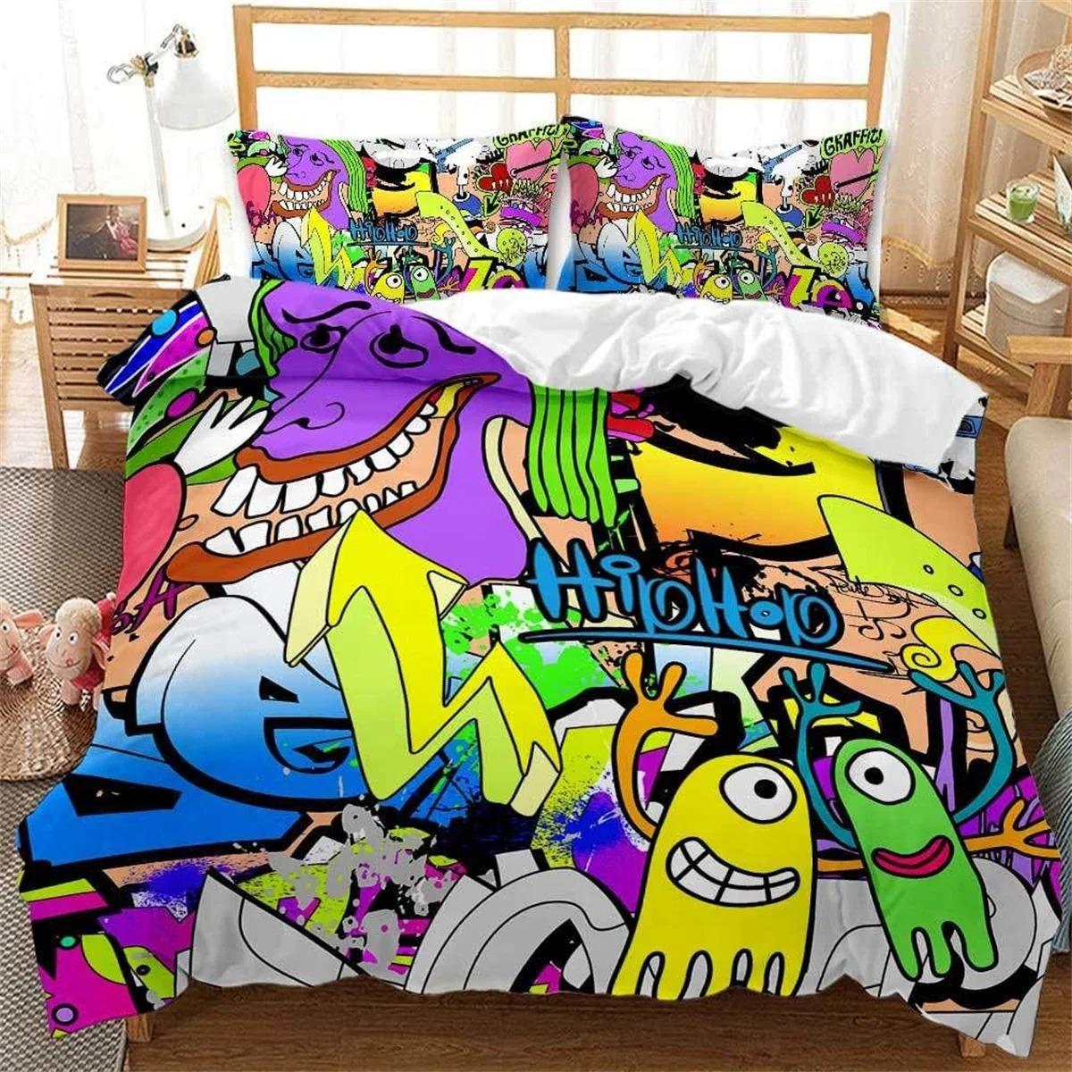 

3D Colourful Street Graffiti Printed Duvet Cover Set 2 Pieces, Microfiber Bedding Set Zipper, Quilt Cover with 1 Pillowcases 70x133cm 3pcs