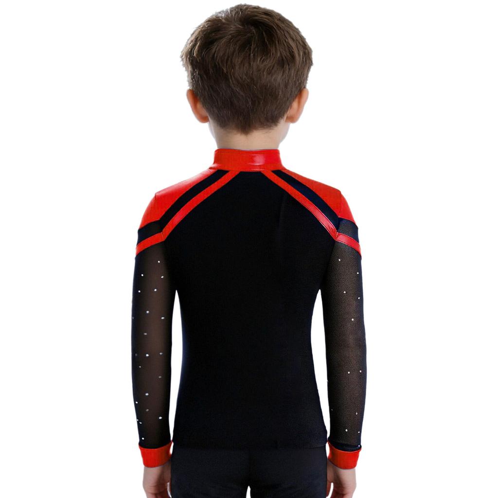 Boys V Neck Long Sleeve Shiny Metallic Color Block Figure Skating Top