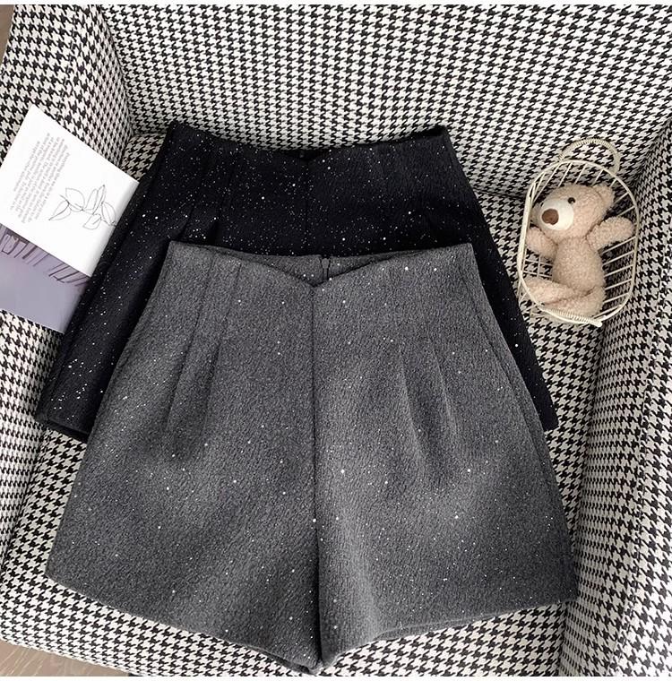Women's Gray High-Waist Woolen Wide-Leg Pants: 2024 Autumn/Winter Slimming A-Line Shorts