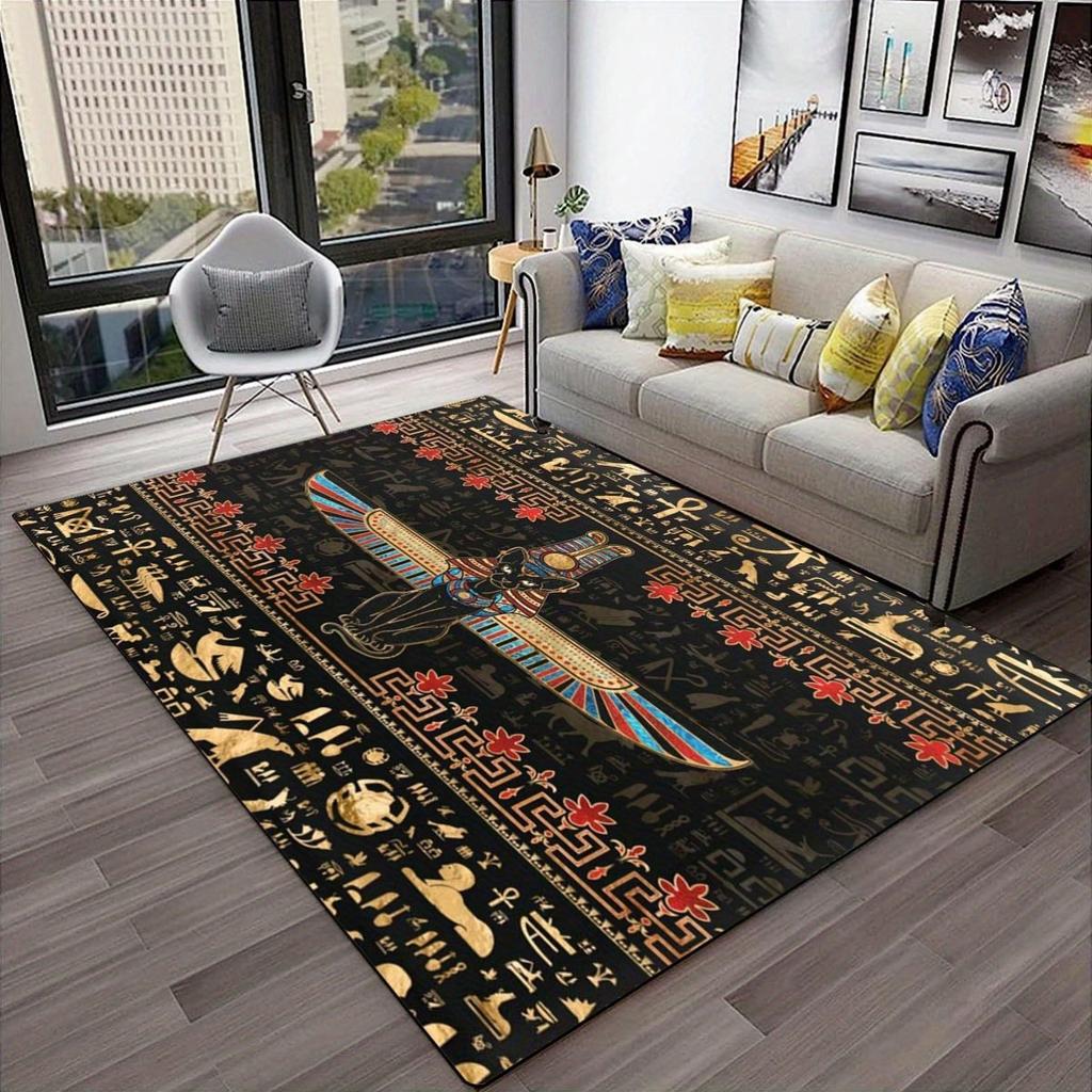 Egyptian Cat and Hieroglyphs Rug Ancient Civilization Art for Modern HomesLarge Floor Mat Anti Slip Carpet Can Be Machine Washed