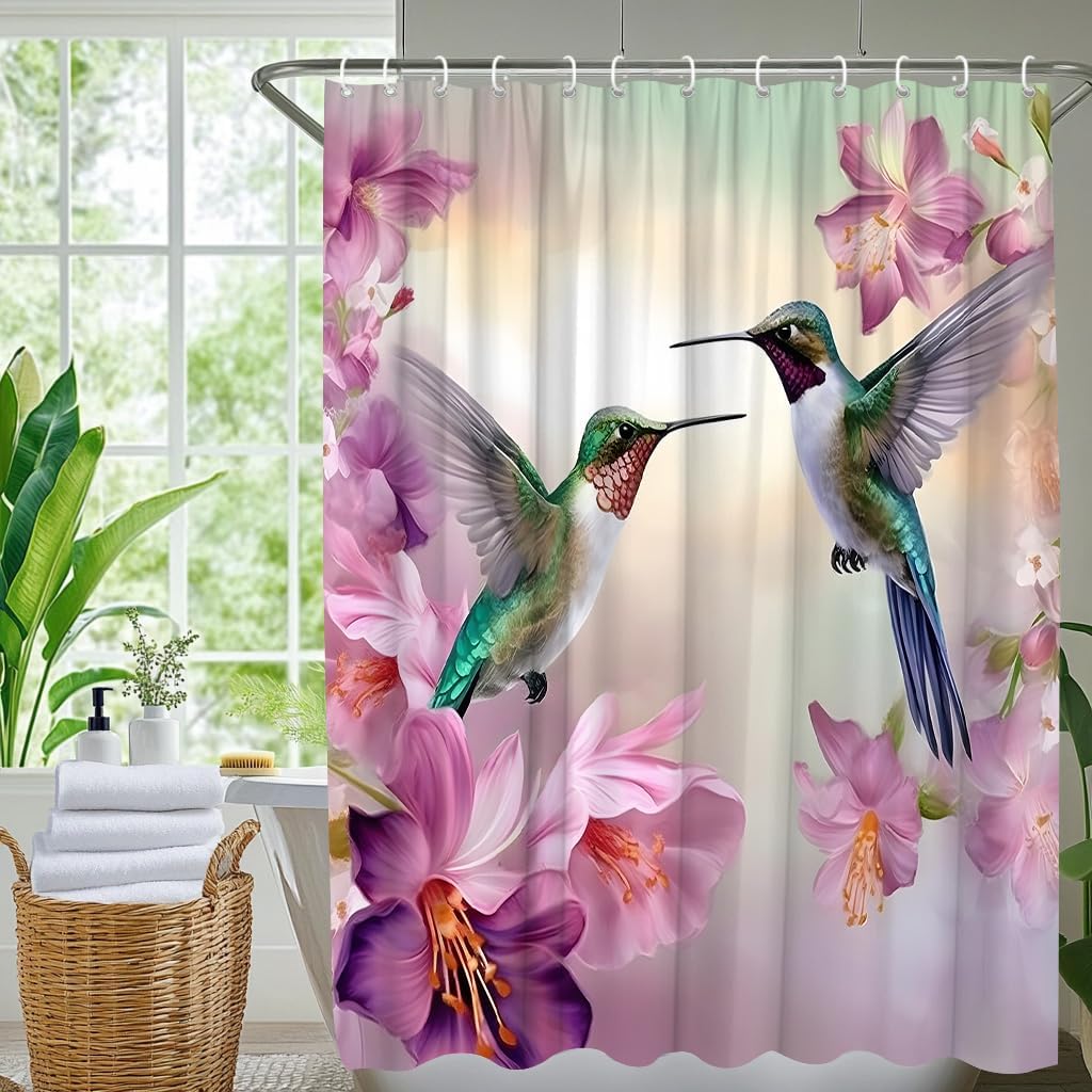 Elegant Hummingbird and Floral Print Shower Curtain for Bathroom Waterproof Polyester Shower Liner Decor Tropical Nature Pink Bl