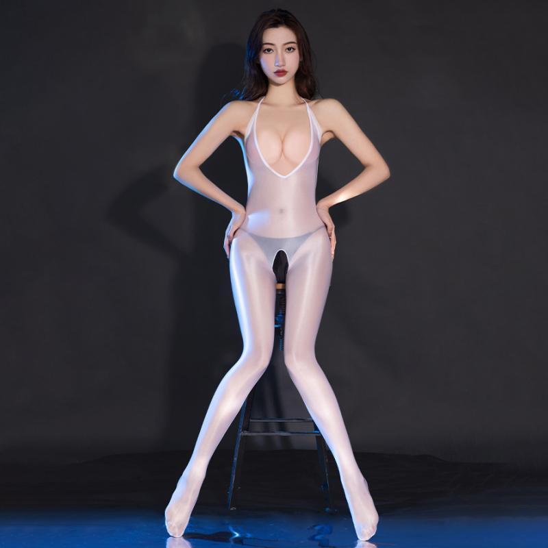 Women Sexy Halter Backless Bodycon Jumpsuit Oil Shiny Clubwear Erotic Deep V Neck Open Crotch Body Stockings For Sex Nightwear