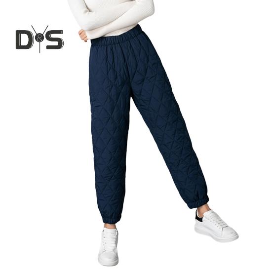 Women Winter Pants Elastic High Waist Quilted Pants Diamond-shaped Texture Design Thickened Warm Sweatpants