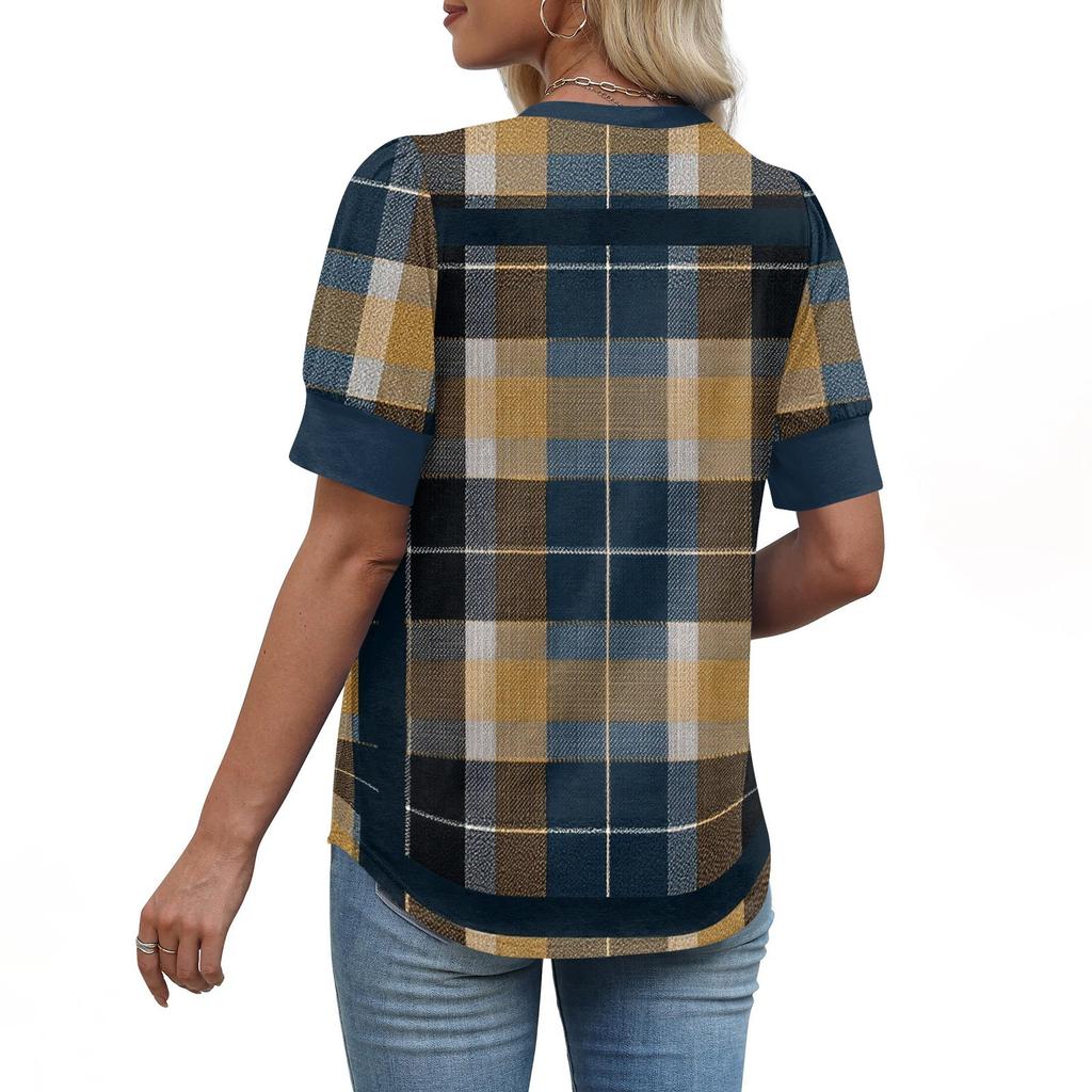 Damenmode Lässig V-Ausschnitt Kurzarm Print Shirt Damen Up Tops