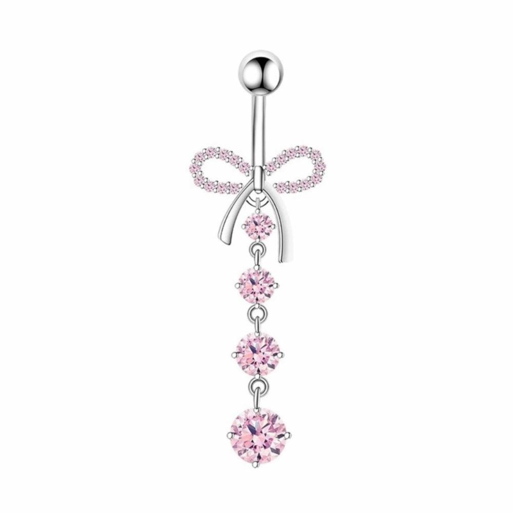 Pink Stainless Steel Navel Piercing Long Dangled Body Jewelry Shiny Zircon Belly Button Ring Men