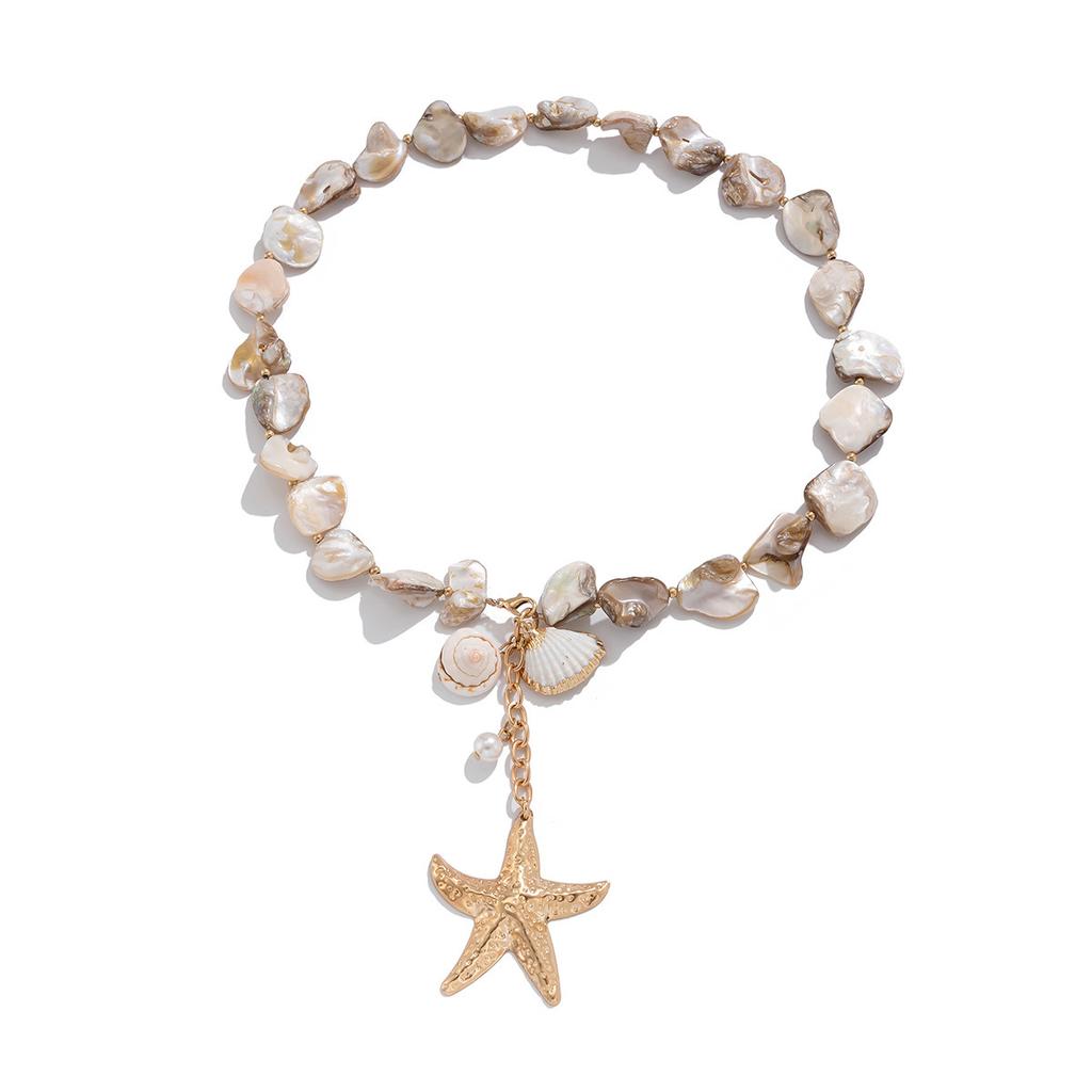 Retro Starfish White Shell Conch Pendant Necklace Women Simple Creative Colorful Stones Hand Woven beach Jewelry Girls