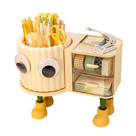 Cute Rotating Pen Holder with Drawer 2-in-1 Large Capacity Desktop Organizer for Kids Girls Multifunctional Storage And Sorting Box