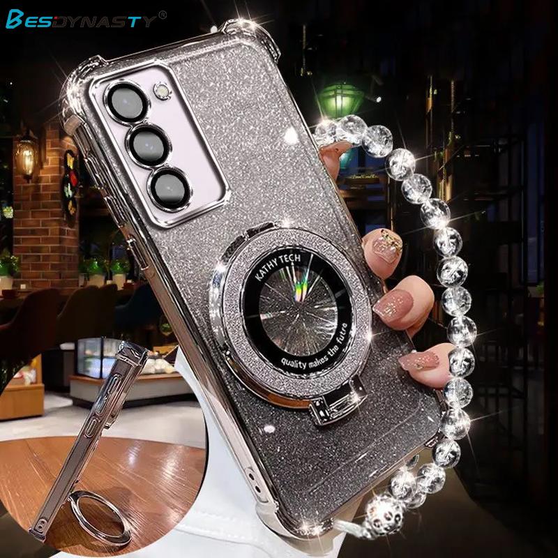 Luxury Lanyard Glitter Magnetic Holder Case For Samsung Galaxy S25 S24FE S23 Ultra S22 S21 S20 Plus Note 20 Ultra Silicone Cover