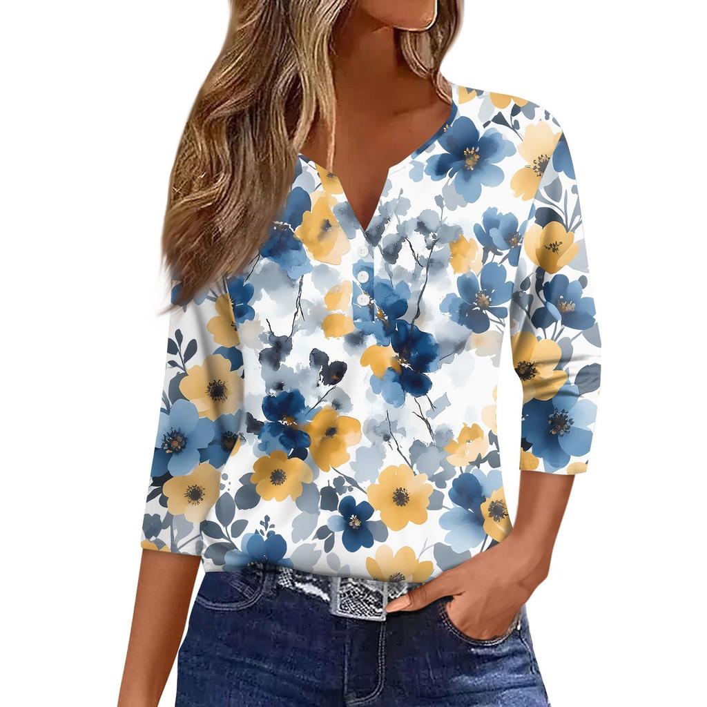 Dámské tričko s potiskem, knoflíky, 3/4 rukávy, pro každý den, na víkend, módní, základní, s výstřihem do V, běžný top