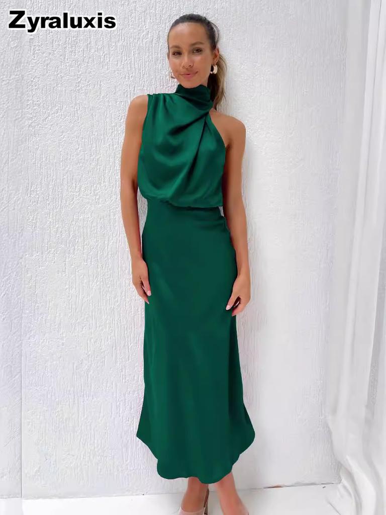 Luxury Satin Sleeveless Dress for Women - Elegant Evening Gown for Spring/Summer Collection