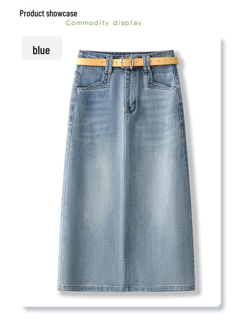 Summer 2025 Women's High-Waist Blue Denim Midi Skirt - Slimming A-Line for Pear-Shaped Bodies