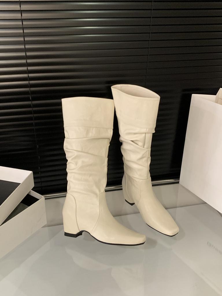 Inner Height Increasing White Knight Boots Women's Boots Autumn and Winter Khaki Skinny Boots Pile Medium Boots