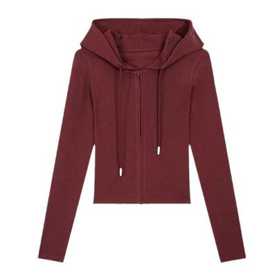 Design Sense of Encore Red Hooded Double Zipper Cardigan Jacket Women's Waist-Close-Slimming T-Shirt Top