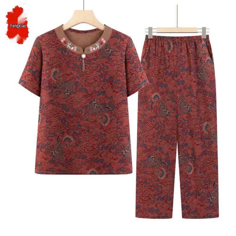 Elderly Women s Stylish Summer Short-Sleeve Two-Piece Set 3XL кирпич красный