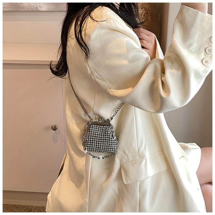 Trendy Mini Rhinestone Kiss Lock Crossbody Bag For Girls Cute Punk Evening Shoulder Purse With Detachable Metal Chain Strap Ideal For Parties Outings