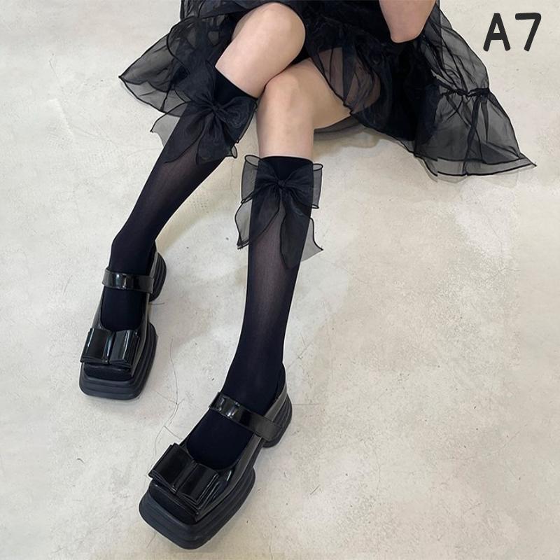 Japan Lolita Lace Stockings Women Sweet Kowknot High Knee Socks Femme Elastic
