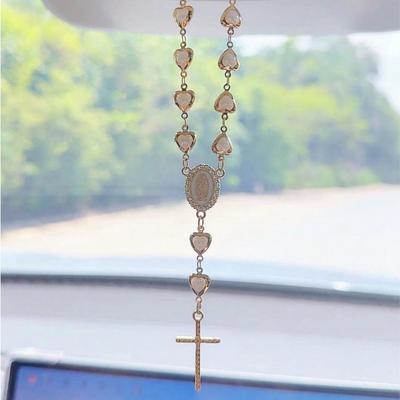 2 Stück Herzförmiges Faux-Perlen-Kreuz Hängendes Ornament, Metall Retro Auto Spiegel Anhänger Dekoration