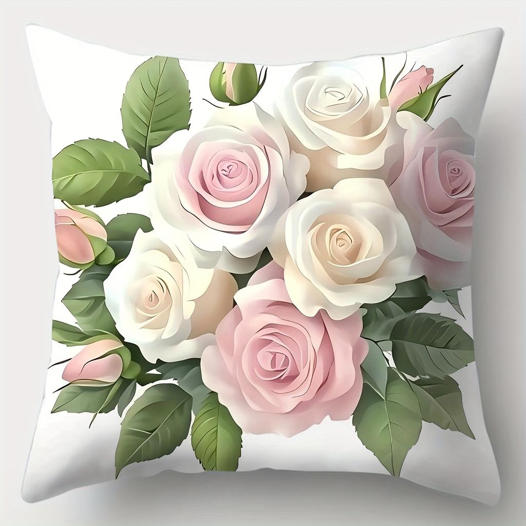 Elegant Pink Rose White Floral Pillow Covers Polyester Zip Closure Cushion Cover Contemporary Living Room Decorative Pillowcase