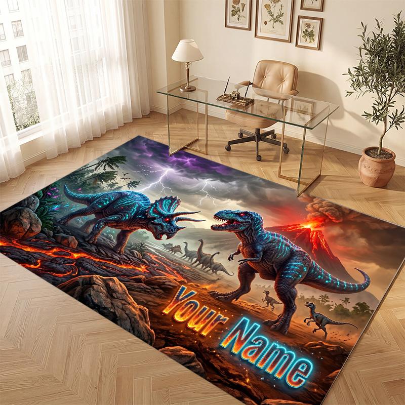 Dinosaur Theme Soft Crystal Velvet Rug Custom Name & Text Print Non Slip Floor Rug for Bedroom Living Room