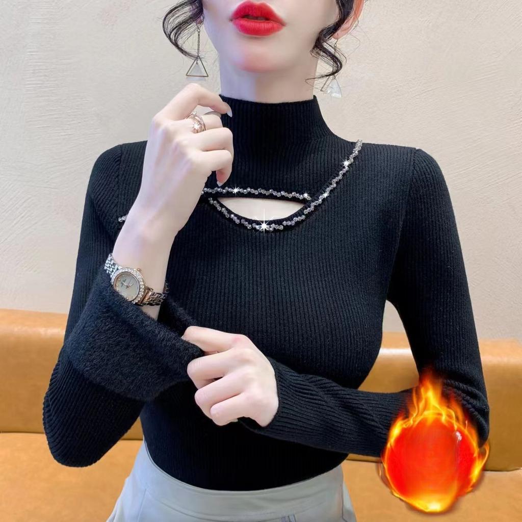 Thick Knit Sweater with Added Velvet Semi High Neck Autumn and Winter Hollow Knitting Bottom Design Top